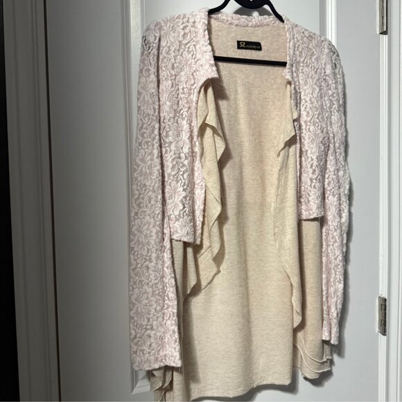 Vintage-Inspired Beige Cardigan with Pink Lace Shrug Layered Look – Size Small - Picture 8 of 8